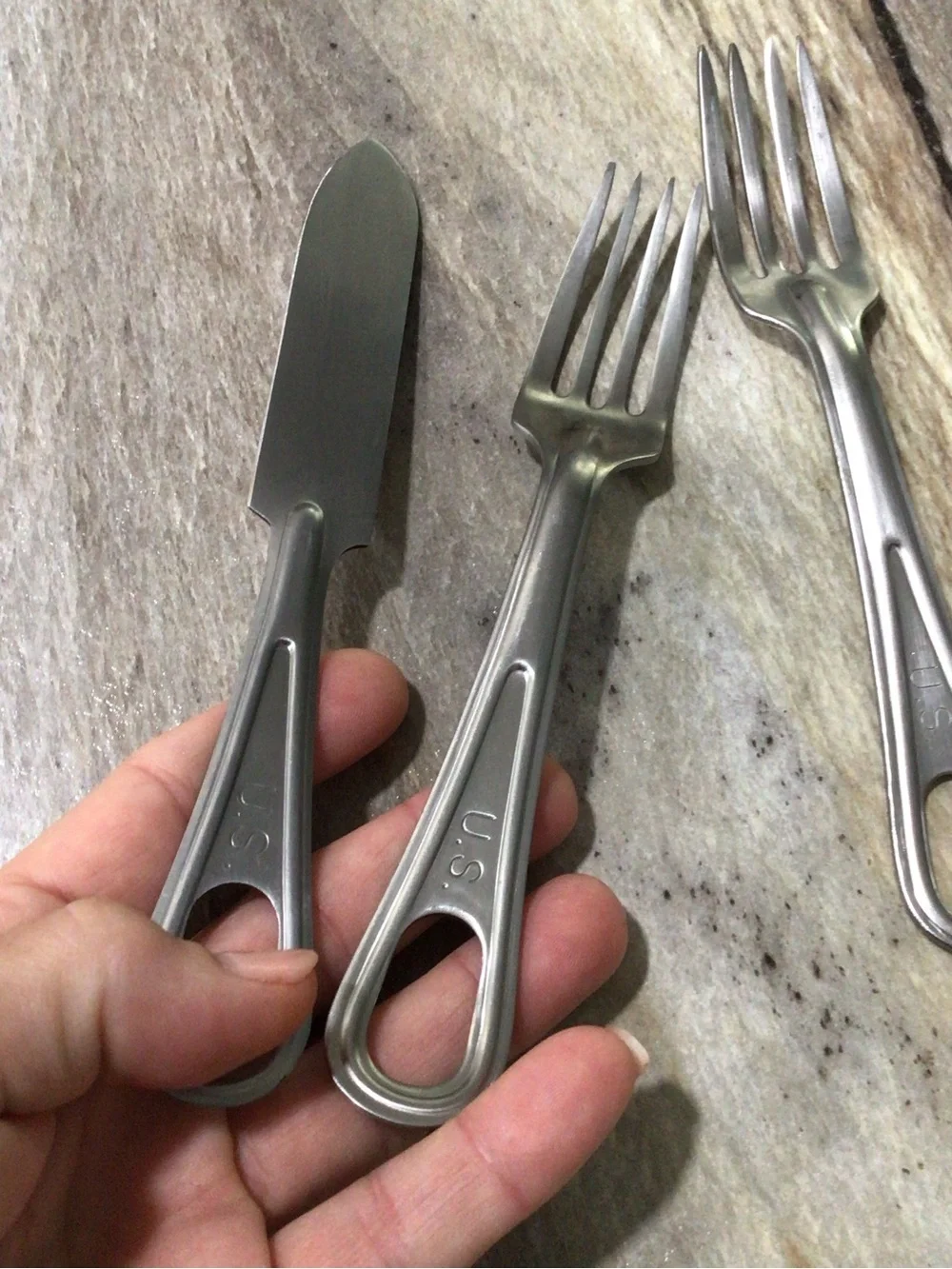 Vintage U.S. Military UCCO SKO Co Mess Kit Forks Knife 3 Pc WWII Vietnam Camp